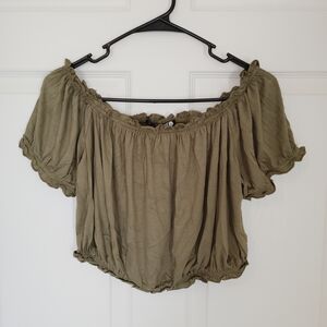 Sugar And Bruno Elegant Army Color Off-Shoulder Crop Top.